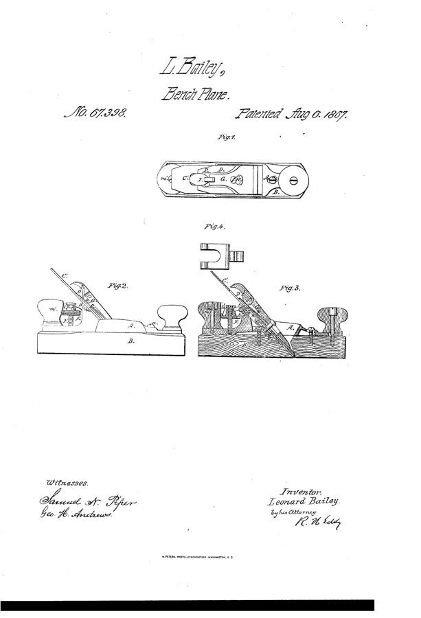 Patent drawing of a metal bench plane with its adjusting screw and lever cap shown in section