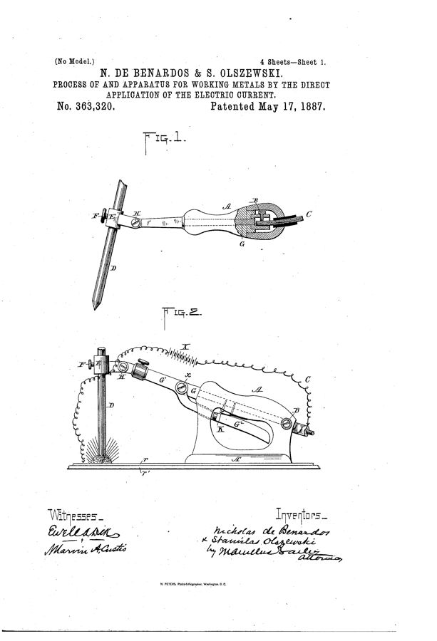 Patent drawing of an early arc welding electrode holder with a carbon rod and cable