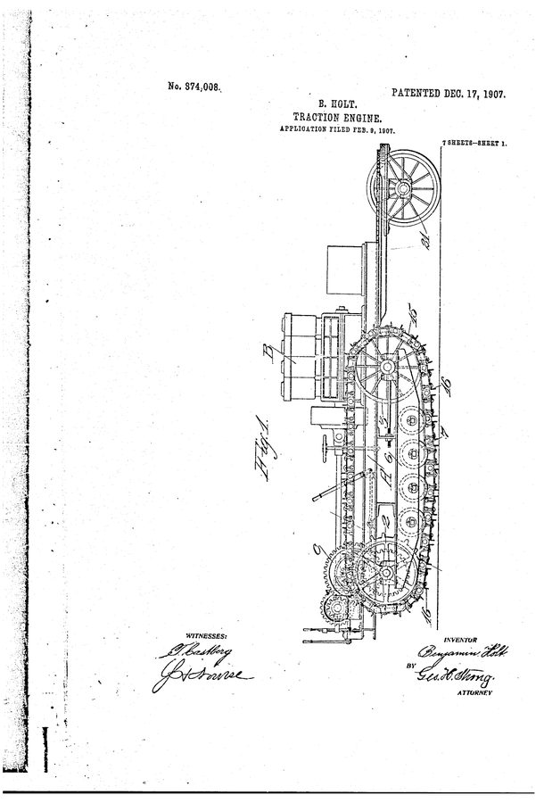 Patent drawing of a tractor with an engine mounted on a long track with many shoes