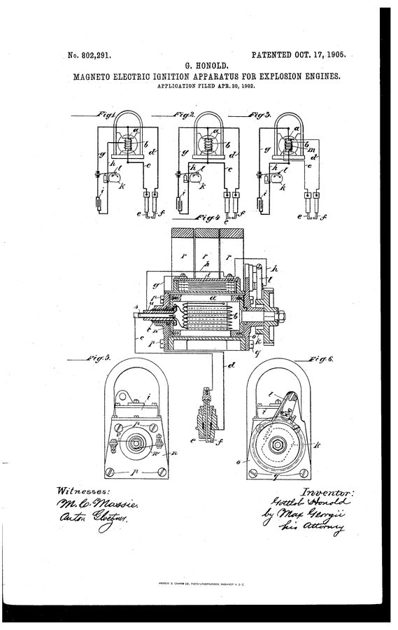 Patent drawing of a magneto with its armature, coils and contact parts