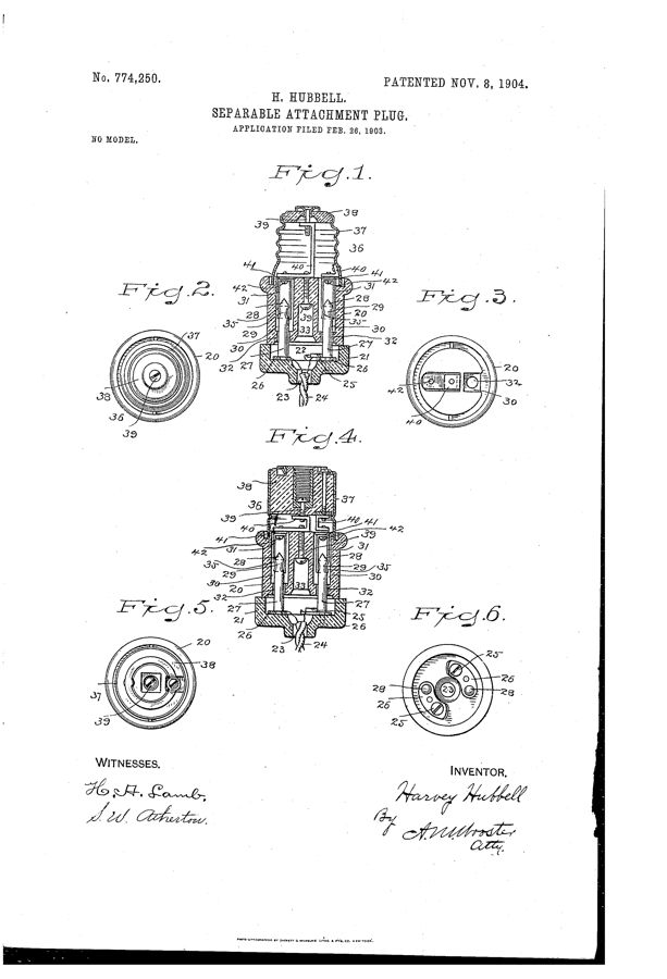 Patent drawing of a two-part electrical plug shown in section and from several angles
