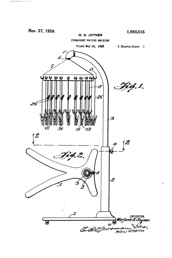 Patent drawing of a permanent waving machine with many hanging rods on a tall curved stand