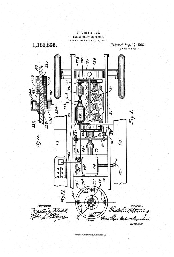 Patent drawing of a car engine and frame with an electric starter motor and gearing
