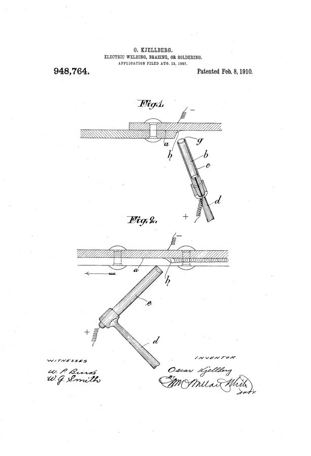 Patent drawing of a coated welding electrode held at an angle to a riveted plate seam, shown in two figures