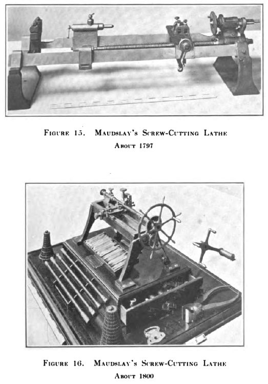 Two old photographs of small metal lathes with long screws running along their beds