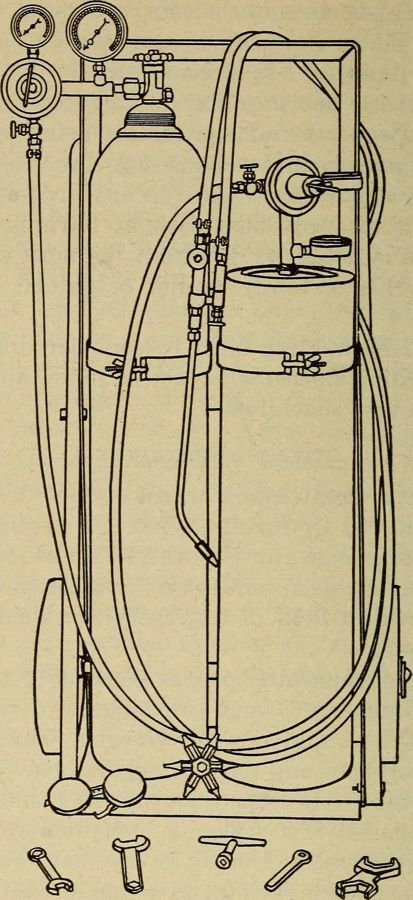 Line drawing of an oxy-acetylene welding outfit on a cart, with two tall gas cylinders, regulators, hoses and a torch