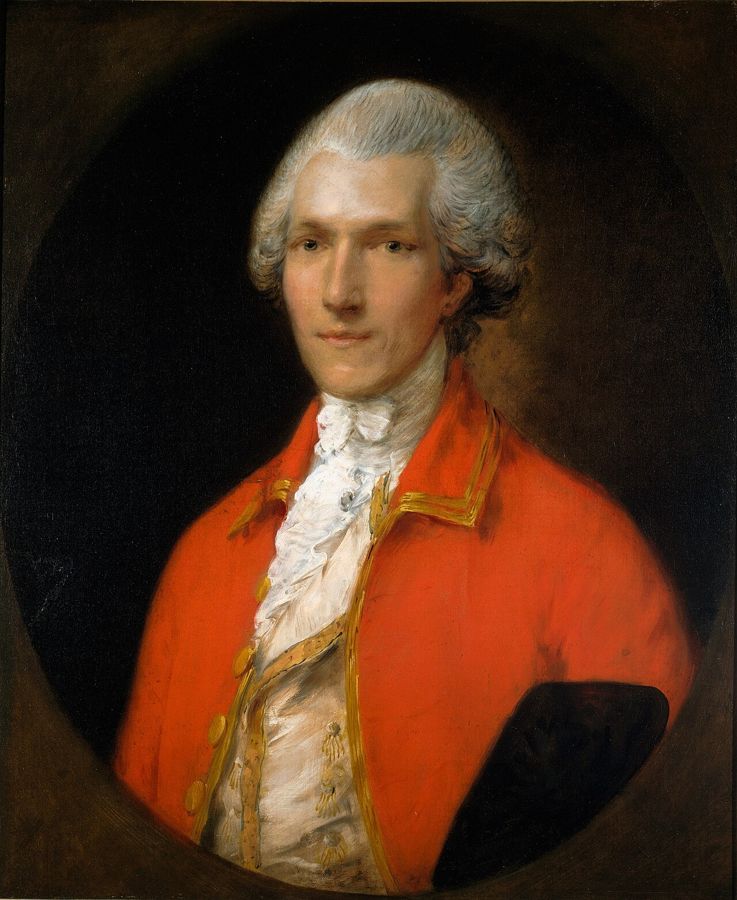 Painted portrait of Benjamin Thompson in a red military coat with a white cravat and powdered hair