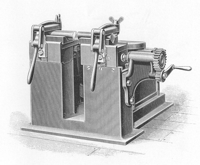 Engraving of a heavy resistance welding machine with clamps, levers and a transformer base